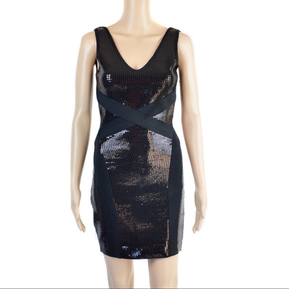 BeBe Black Sequin Bodycon Knit Mini Sleeveless Dress Sz XS - Picture 1 of 8